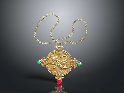 Exquisite Gold Necklace with Lion Design Pendant and Green Red Gemstones 3d model