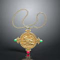 Exquisite Gold Necklace with Lion Design Pendant and Green Red Gemstones