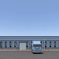 Modern Industrial Warehouse With Blue Canopy Roll Up Doors Windows And Hemplants Truck