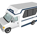 White Recreational Vehicle With Blue Stripes Large Windows And Side Door