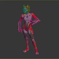 Futuristic Sci Fi Character With Biomechanical Armor Red Silver Blue Design And Pink Head Decoration