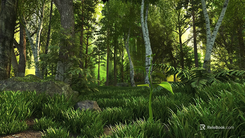 Vibrant Forest Scenery with Tall Trees Lush Green Grass and Sunlight Through Leaves 3d model 