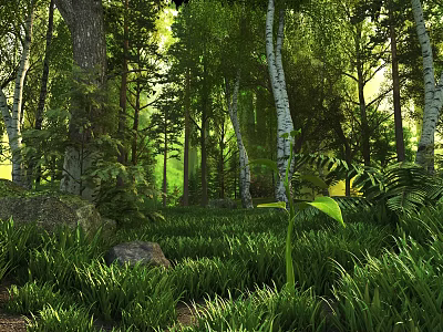 Vibrant Forest Scenery with Tall Trees Lush Green Grass and Sunlight Through Leaves 3d model
