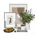 Decorative Ornament Combination with Framed Art Green Plants Fruit Bowl and Golden Decor Accents