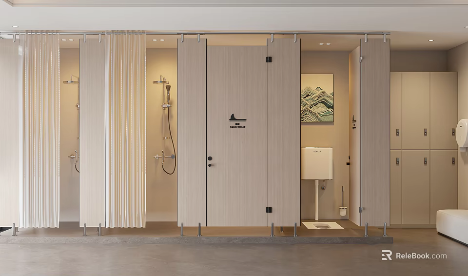 Public Restroom Interior With Stalls Doors Sign Sink And Wall Art 3d model 