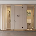 Public Restroom Interior With Stalls Doors Sign Sink And Wall Art