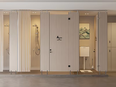 Public Restroom Interior With Stalls Doors Sign Sink And Wall Art 3d model