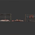 Metal Clothes Drying Racks With Red Fabric And Scattered Cloth Pieces