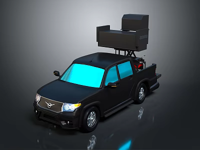 Black Pickup Truck With Roof Mounted Equipment And Blue Windows Utility Vehicle 3d model