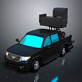 Black Pickup Truck With Roof Mounted Equipment And Blue Windows Utility Vehicle