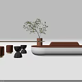 Modern Minimalist Table and Chair Set With Wooden Tabletop Brown Black Legs and Small Plant Decoration