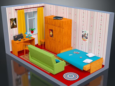 Cozy Room Interior With Green Sofa Blue Bed Wooden Wardrobe Desk Yellow Curtains And Posters 3d model