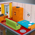 Cozy Room Interior With Green Sofa Blue Bed Wooden Wardrobe Desk Yellow Curtains And Posters