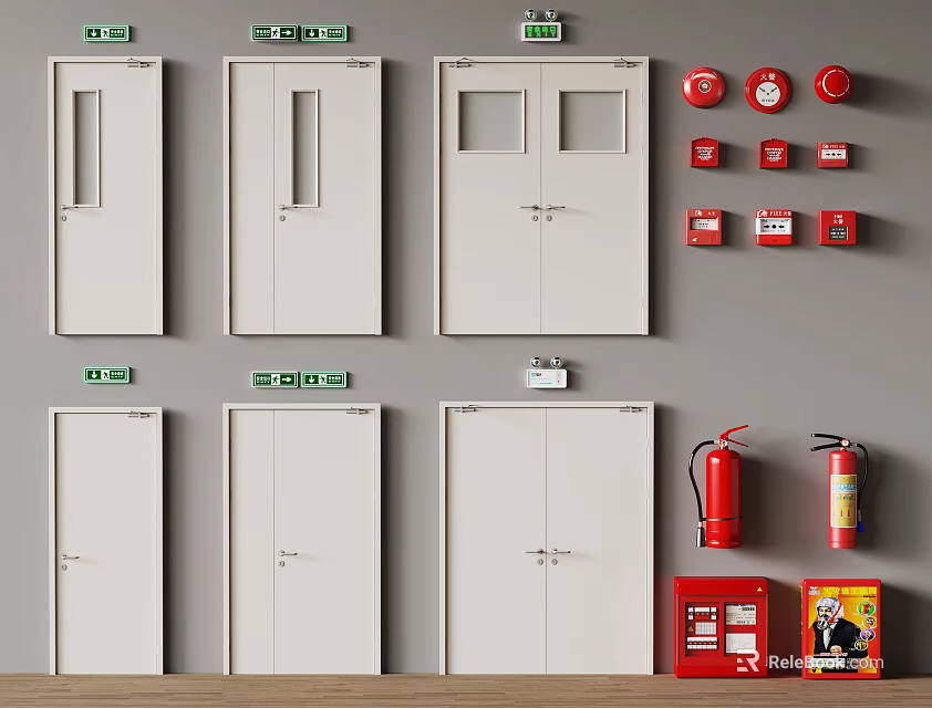 Multiple White Doors With EXIT Signs And Fire Safety Equipment On Gray Wall 3d model 