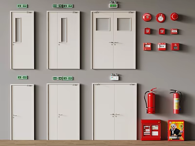 Multiple White Doors With EXIT Signs And Fire Safety Equipment On Gray Wall 3d model