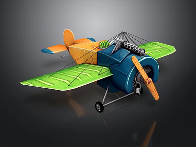 Colorful Space Biplane Model With Blue Orange Body Green Wings And Propeller 3d model
