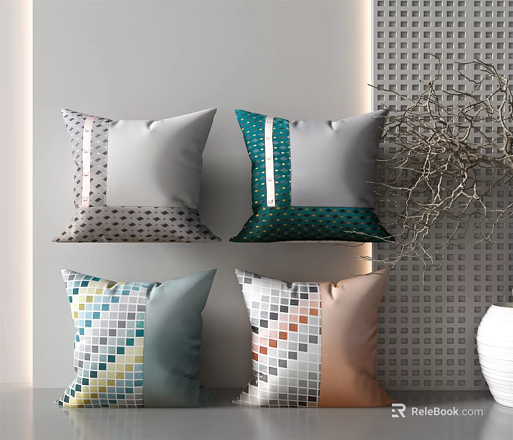 Modern Decorative Multicolor Pillows With Geometric Patterns And Patchwork Design For Home Interior 3d model