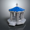 Cartoon Scene of Small Pavilion with Blue Roof Cross and Gray Stone Pillars