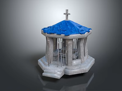 Cartoon Scene of Small Pavilion with Blue Roof Cross and Gray Stone Pillars 3d model