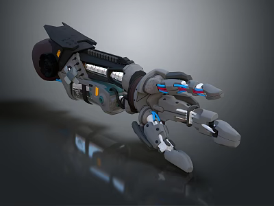 Futuristic Sci-Fi Character With Mechanical Arm Featuring Metal Joints And Colored Lights 3d model