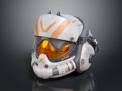 White and Orange Helmet with V Shaped Design Amber Visor and Mechanical Details 3d model
