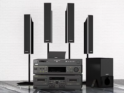 Modern Headphone and Speaker System with Black Speakers Amplifier Subwoofer on Gray Floor White Wall 3d model