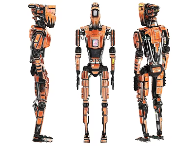 Orange Industrial Robot Mechanical Design With Three View Angles And Detailed Structure 3d model