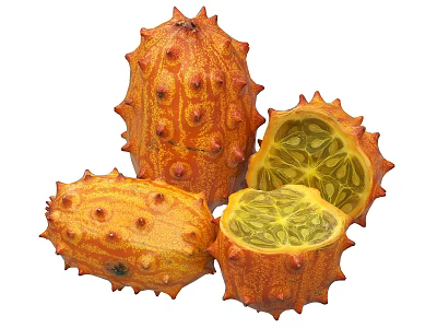 Ripe Kiwano Horned Melon With Spiky Orange Exterior And Cut Open Green Flesh 3d model