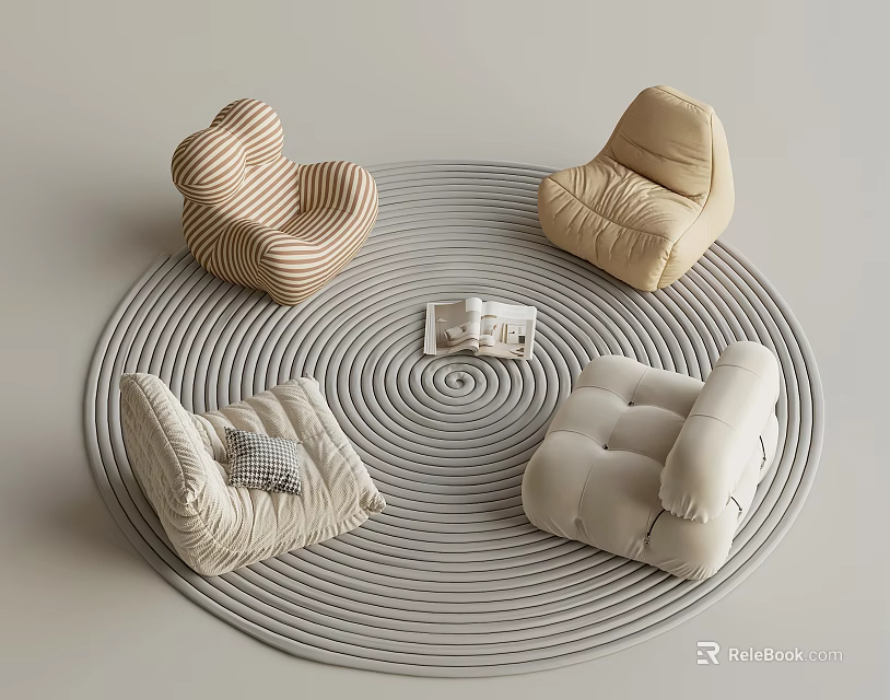 Multiple Lazy Sofas In Different Designs On Circular Spiral Pattern Rug For Cozy Corner 3d model