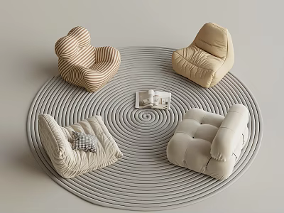 Multiple Lazy Sofas In Different Designs On Circular Spiral Pattern Rug For Cozy Corner 3d model