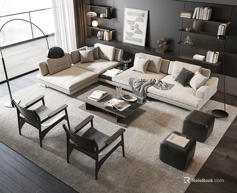 Modern Living Room Light Colored Sofa Coffee Table Set With Armchairs And Large Windows 3d model 