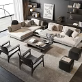 Modern Living Room Light Colored Sofa Coffee Table Set With Armchairs And Large Windows