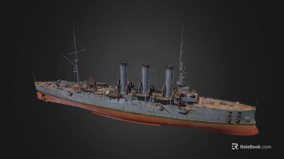 Vintage Warship With Two Masts Three Smokestacks Gray Hull Red Bottom And Deck Structures 3d model 