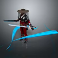 Woman In Traditional Outfit With Straw Hat Holding Two Swords And Blue Flowing Lines