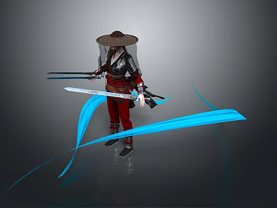 Woman In Traditional Outfit With Straw Hat Holding Two Swords And Blue Flowing Lines 3d model
