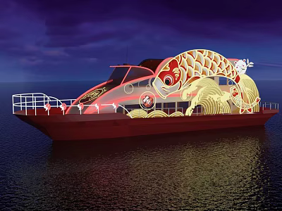Ship Adorned With Koi Fish And Wave Patterns On Water At Night 3d model Ship Adorned With Koi Fish And Wave Patterns On Water At Night 3d model