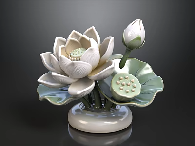Ceramic Lotus Decoration With White Blooming Flower Green Leaf And Base 3d model