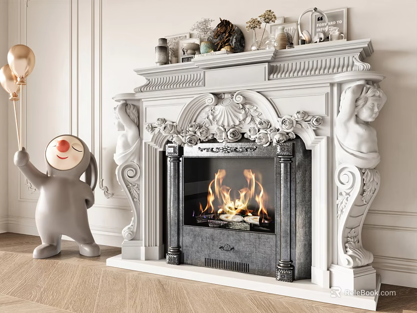 White Ornate Carved Fireplace With Statues Flames And Mantel Decorations 3d model 