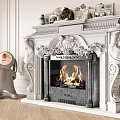 White Ornate Carved Fireplace With Statues Flames And Mantel Decorations