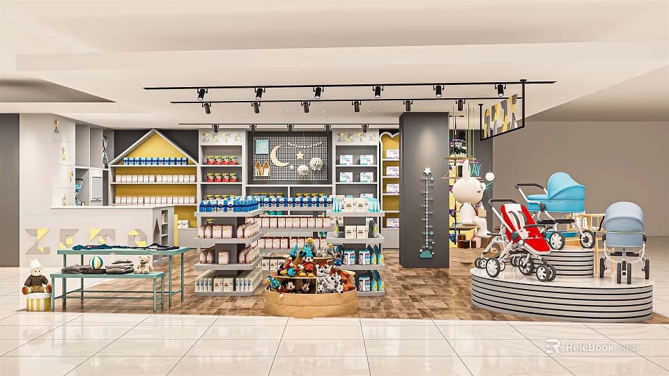 Baby and Kids Specialty Store Interior With Strollers Toys And Shelves 3d model 
