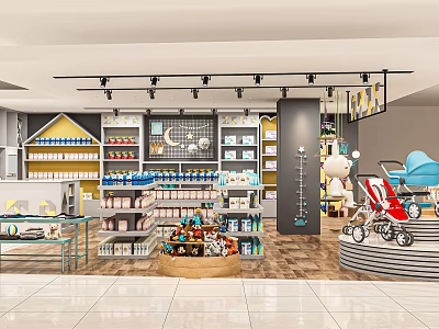 Baby and Kids Specialty Store Interior With Strollers Toys And Shelves 3d model