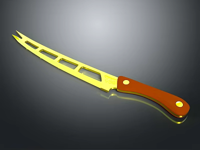 Golden Kitchen Knife With Brown Handle And Hollowed Out Blade Design 3d model