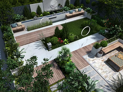 Modern Garden Landscape With Lawn Wooden Deck Circular Decor And Green Plants 3d model