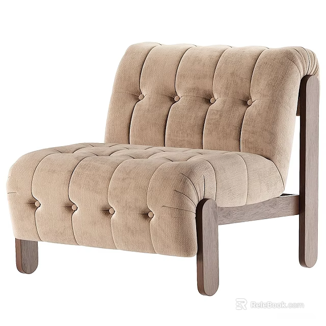 Modern Single Sofa With Beige Tufted Upholstery And Wooden Armrests And Legs 3d model 