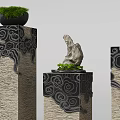 Decorative Pillars With Intricate Cloud Patterns And Top Potted Plants Bonsai And Stone Decor 3d model