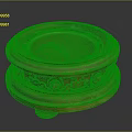Red Wooden Circular Decorative Stand With Carved Patterns And Metal Inlay