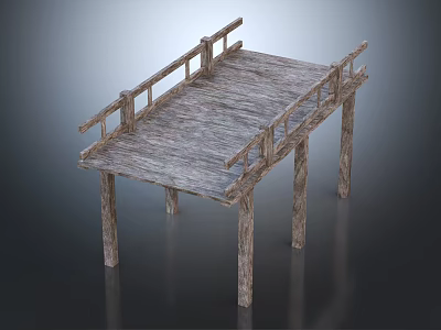 Natural Rustic Wooden Bridge Structure With Railings And Support Posts 3d model