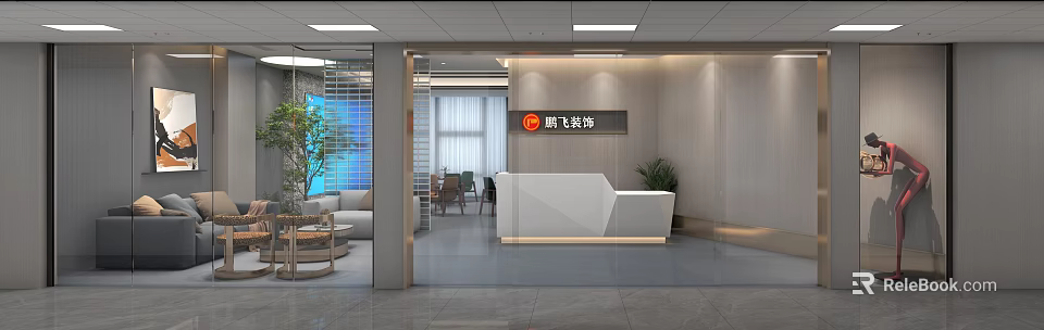Modern Office Reception Desk With White Counter Wooden Wall Glass Partition And Potted Plants 3d model 
