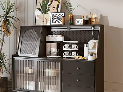 Stylish Black Sideboard With Glass Doors Drawers Topped With Coffee Machine Cups And Plants 3d model