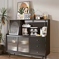 Stylish Black Sideboard With Glass Doors Drawers Topped With Coffee Machine Cups And Plants